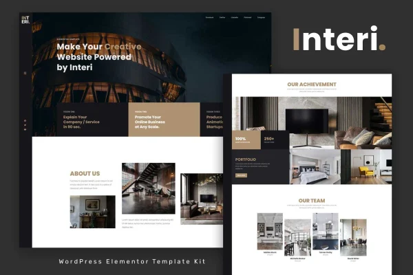 Interi Elementor template kit preview showing interior design website pages