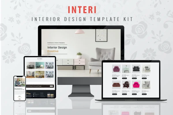 Interi interior design Elementor template kit preview with modern page layouts