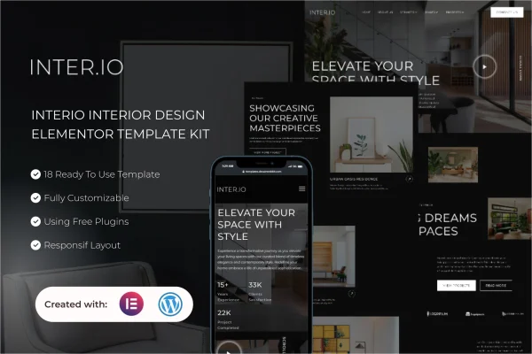 Interio interior design Elementor template kit cover image