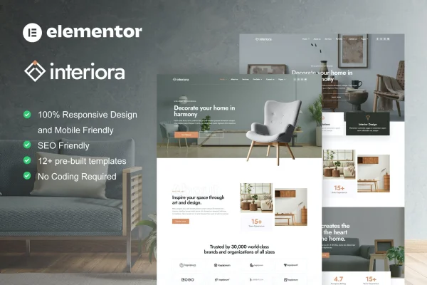 Interiora Elementor template kit preview for architecture and interior design websites
