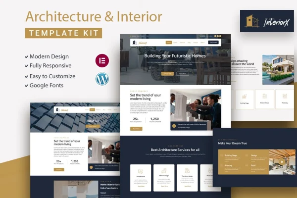 InteriorX interior design Elementor template kit cover image