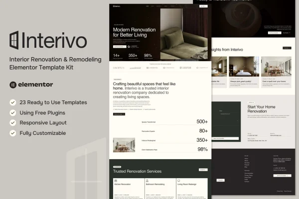Interivo interior renovation and remodeling Elementor template kit preview