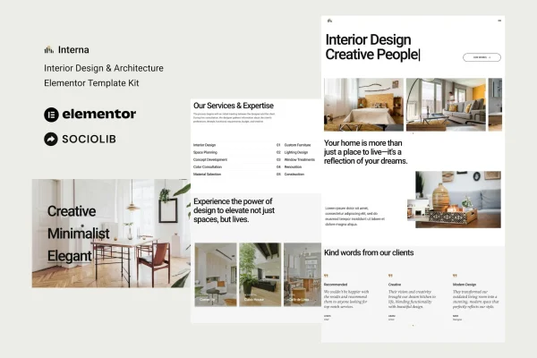 Interna interior design and architecture Elementor template kit preview