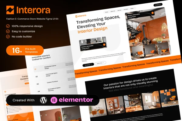 Interora interior design portfolio Elementor template kit preview