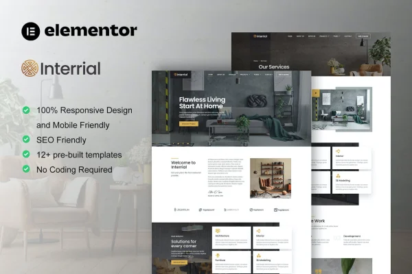 Interrial interior design Elementor template kit cover image
