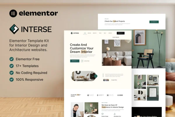 Interse interior design and architecture Elementor template kit preview