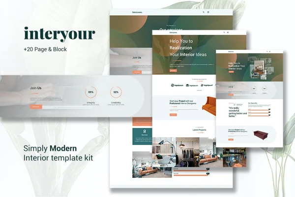 Interyours home interior design Elementor template kit preview in orange and green