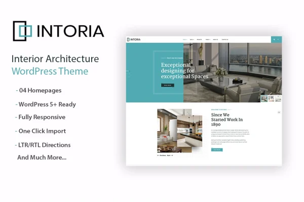 Intoriza interior architecture WordPress theme preview with home page layouts