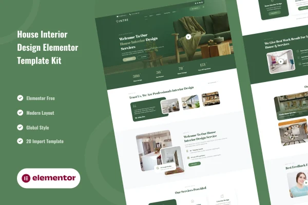 Intre interior design Elementor template kit preview with green accents