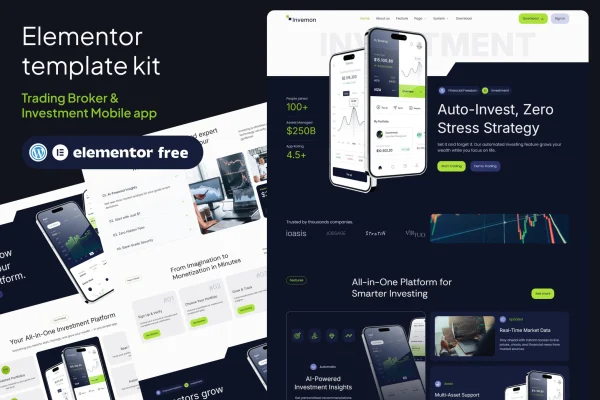 Invemon Elementor template kit preview for a trading and investment mobile app website
