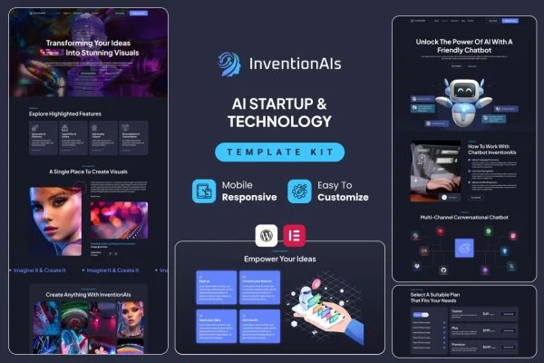 InventionAIs Elementor template kit preview for AI startups and technology businesses