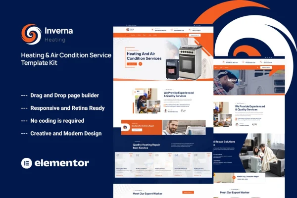 Inverna heating and air conditioning service Elementor template kit preview