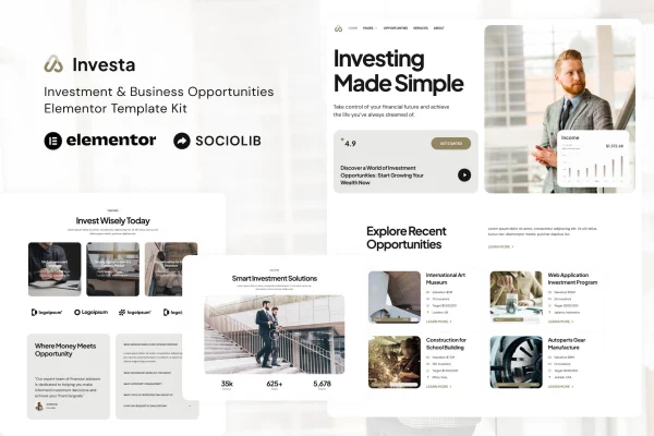 Investa Elementor template kit cover showing investment and business website page designs