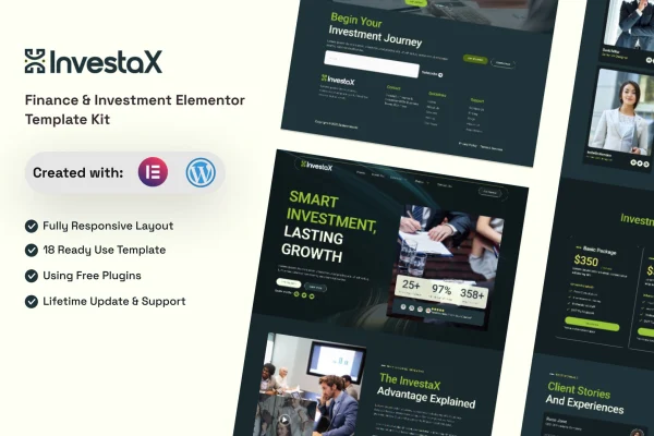 InvestaX finance and investment Elementor template kit preview