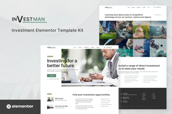 Investman investment consultant Elementor template kit preview showing website page layouts