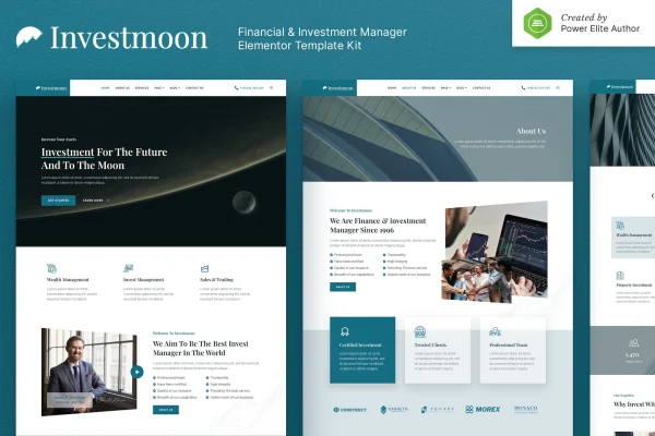 Investmoon finance and investment Elementor template kit cover with page previews