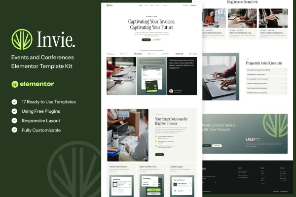 Invie Elementor template kit preview for an invoicing and SaaS website