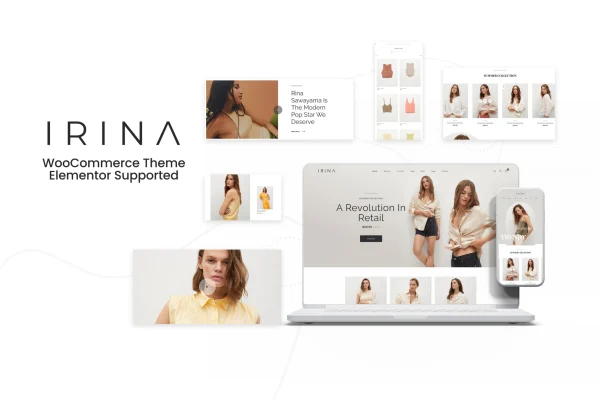 IRINA Elementor WooCommerce theme cover showing a fashion store layout