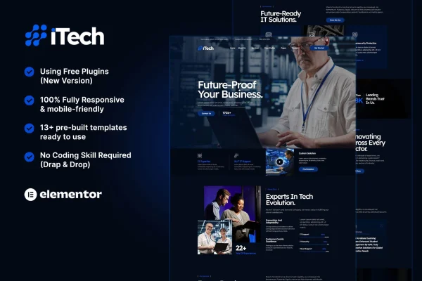 iTech Elementor template kit preview for an IT solutions and services company website