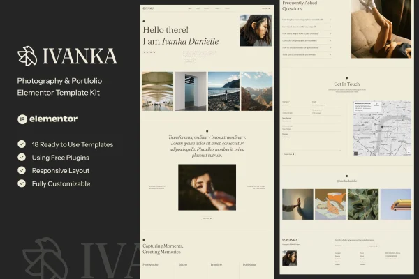 Ivanka photography and portfolio Elementor template kit preview