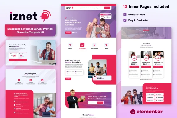 iZnet Elementor template kit preview for a broadband and internet service provider website
