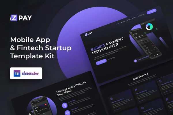 iZPAY Elementor template kit cover with dark fintech and mobile app page designs
