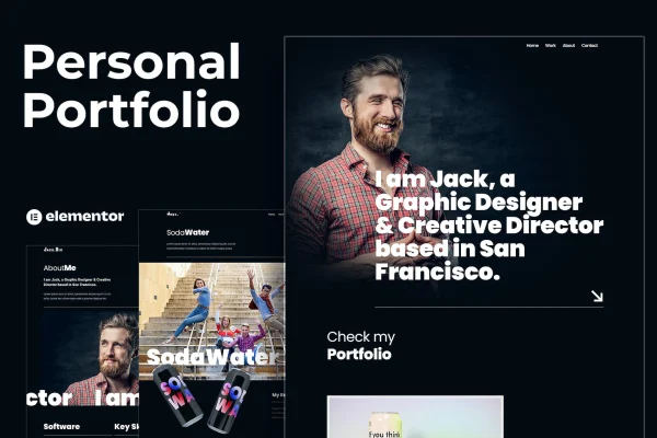 Jack.Dir personal design portfolio Elementor template kit with dark animated layout