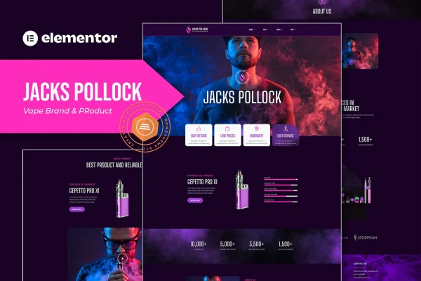Jacks Pollock vape Elementor template kit page previews