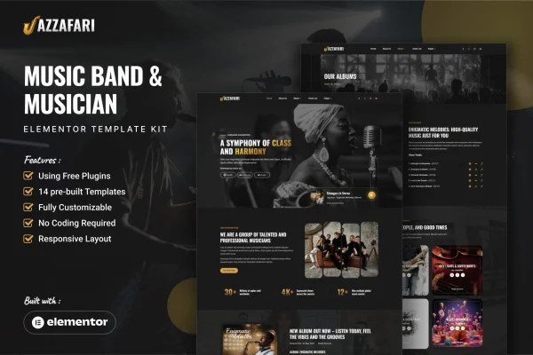 Jazzafari music band and musician Elementor template kit preview