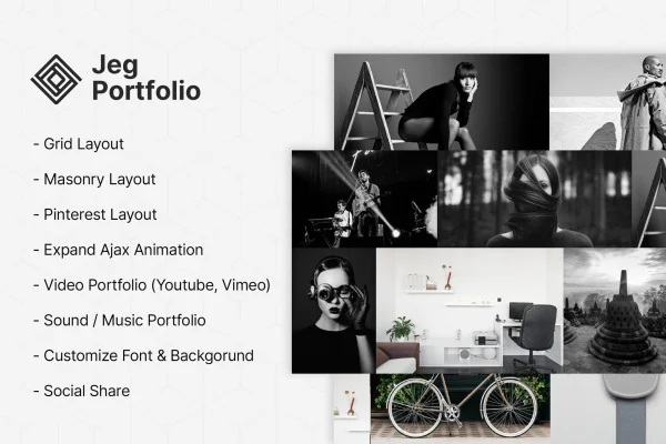 Jeg Portfolio plugin banner with portfolio and gallery grid layouts