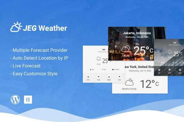 Jeg Weather Elements plugin banner showing weather forecast widgets