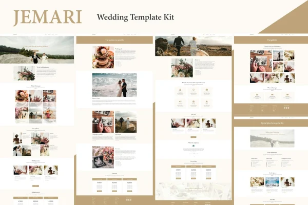 Jemari wedding Elementor template kit cover showing elegant wedding website page layouts