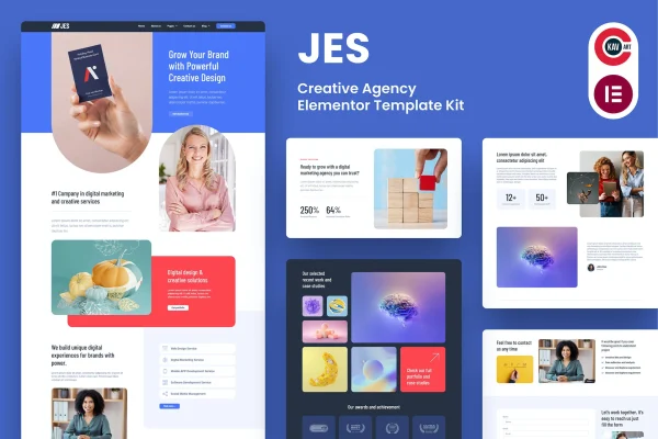 Jes creative agency Elementor Pro template kit cover showing page layout previews