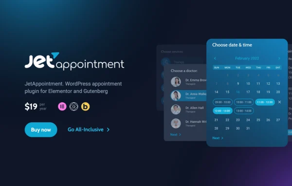 Jet Appointments Booking plugin banner showing a booking calendar