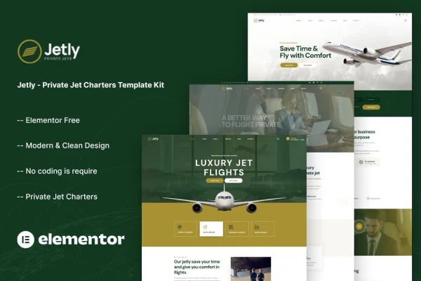Jetly private jet charters Elementor template kit cover image