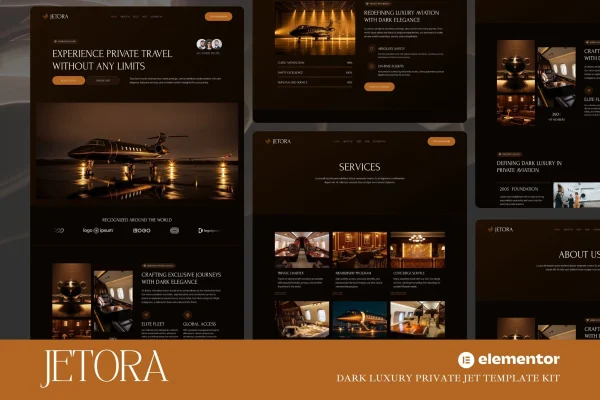 Jetora dark luxury private jet Elementor template kit preview