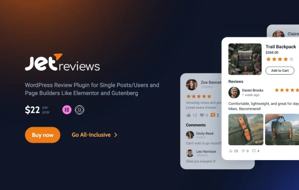 JetReviews For Elementor plugin banner with review box and rating bars