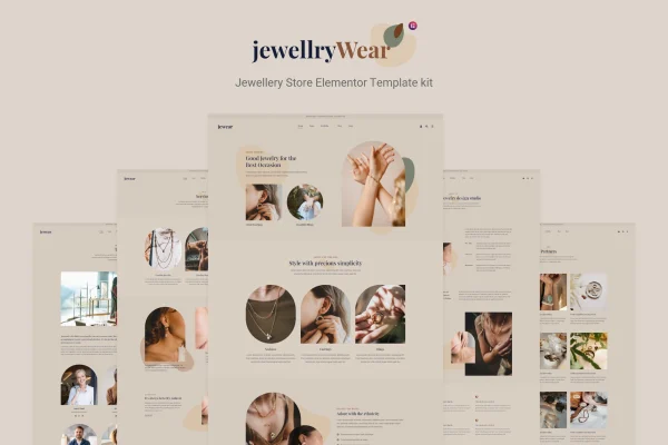 JewellryWear Elementor template kit preview showing jewelry store page layouts