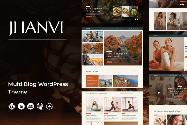 Jhanvi blog WordPress theme preview showing a clean, modern blog layout