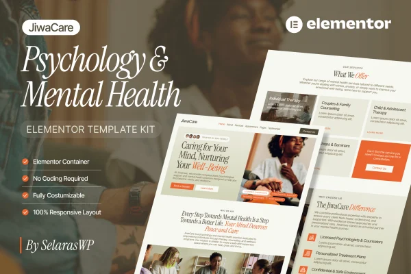 JiwaCare psychology and mental health Elementor template kit preview