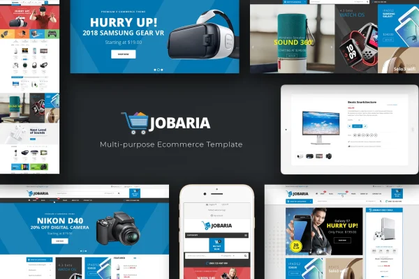Jobaria technology WordPress theme preview with white, black and blue design