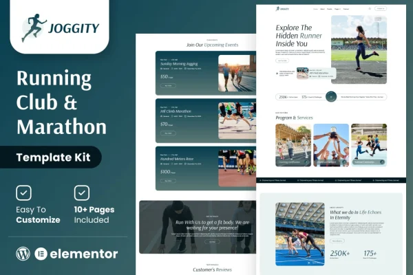 Joggity marathon and running event Elementor template kit preview