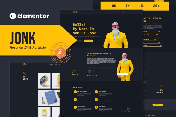 Jonk resume CV and portfolio Elementor template kit preview