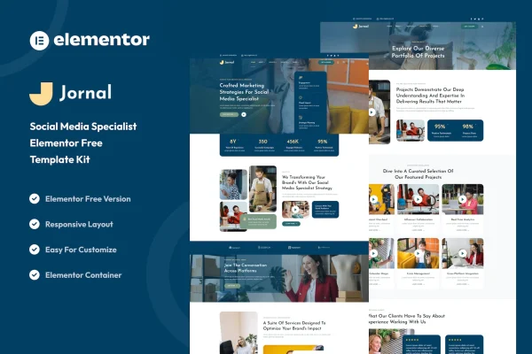 Jornal social media specialist Elementor template kit preview with blue page layouts
