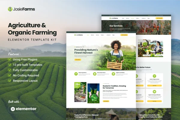JosieFarms agriculture and organic farming Elementor template kit preview