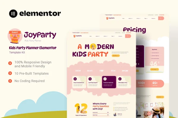 JoyParty kids party planner Elementor template kit preview with colorful page layouts