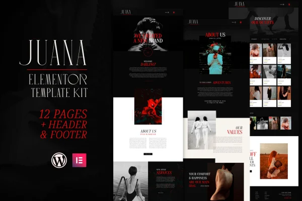 Juana fashion store Elementor template kit preview showing clothing shop page layouts