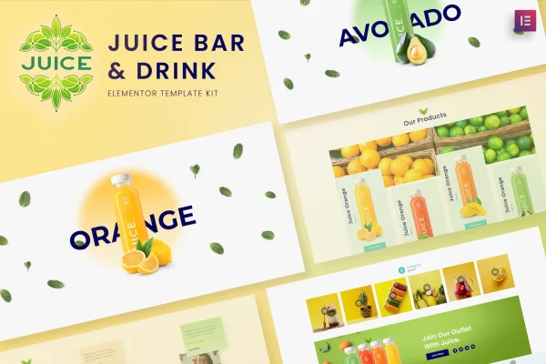 Juice Bar & Drink Elementor Template Kit preview with colorful juice bar website pages