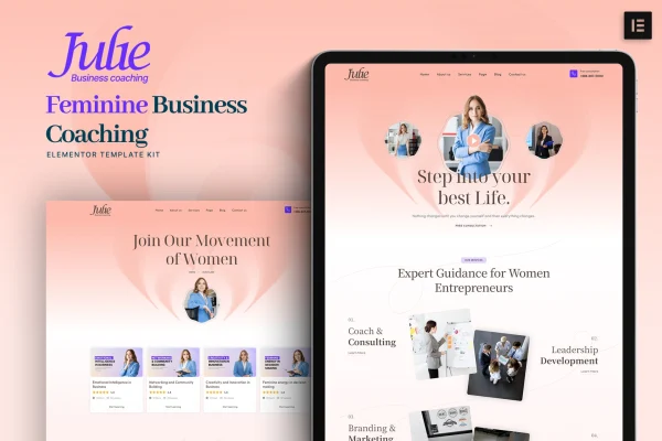 Julie feminine business coaching Elementor template kit cover image