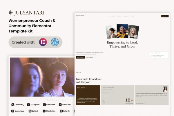 Julyantari womenpreneur coach and community Elementor template kit preview